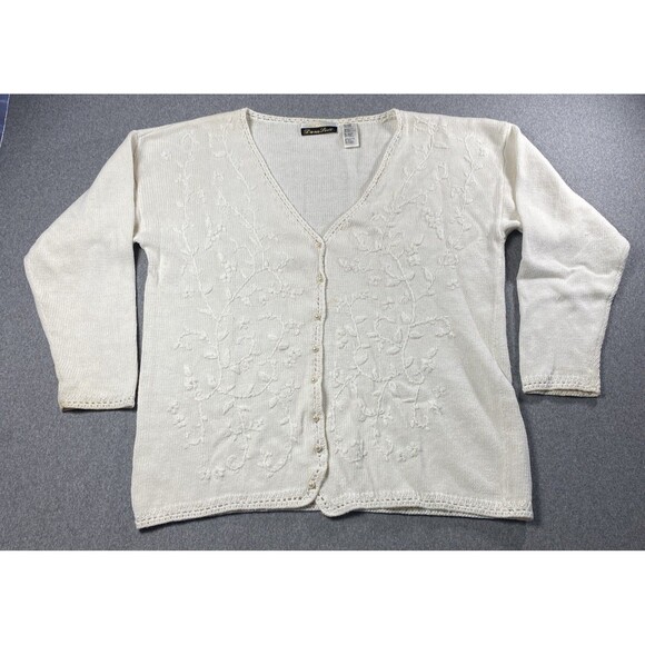 Vtg Dana Scott Floral Embroidered Beaded Knit Cardigan Womens Large Off-white - Picture 1 of 5